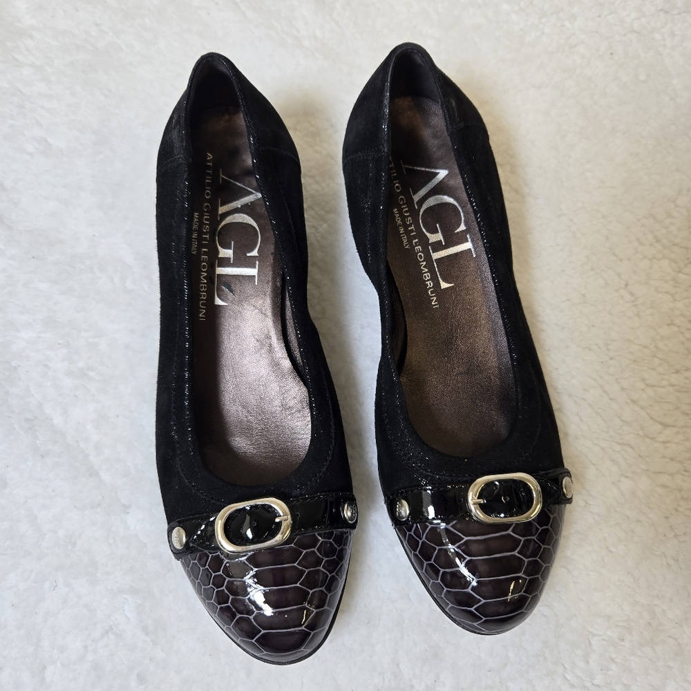 AGL Ballet Wedge Cap Toe Shoes Buckle Snake Sparkle EU 37.5 US 7.5